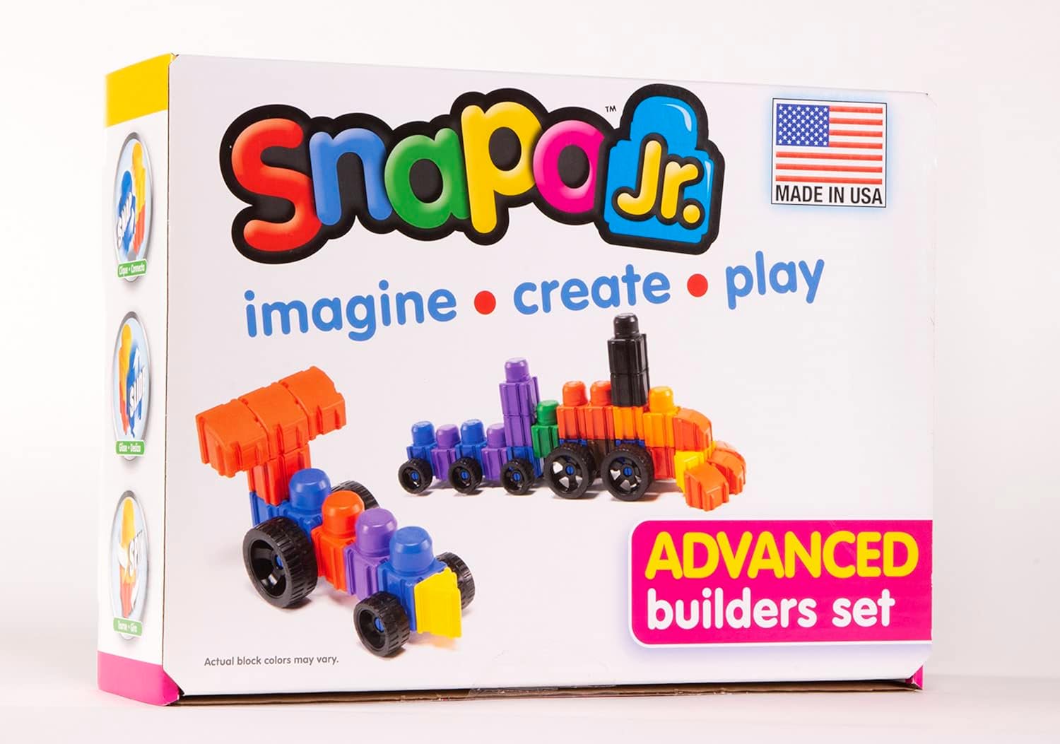 Snapo Jr. Advanced Builder's Kit - 80 pcs - Colorful Blocks & Wheels, Connect On All 6 Sides, 3D Building Toy, Snap-Slide-Rotate, Toddlers Kids 18mo+