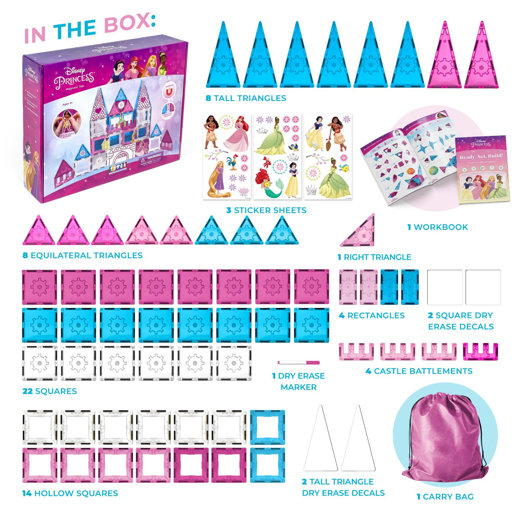 Tytan Official Disney Princess Magnetic Tile Castle – 70-Piece STEAM Toy with Vibrant Tiles, Reusable Disney Princess Stickers, Dry-Erase Decals, Marker, Carry Bag, & More!