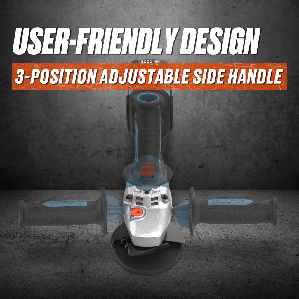 SENIX PAX2125-M2-0 X2 20 Volt Max* 5-Inch Brushless Angle Grinder Tool, 8500 RPM Max, 3-Position Auxiliary Handle, Spring-Loaded Safety Slide Switch, Tool Only, Battery Not Included