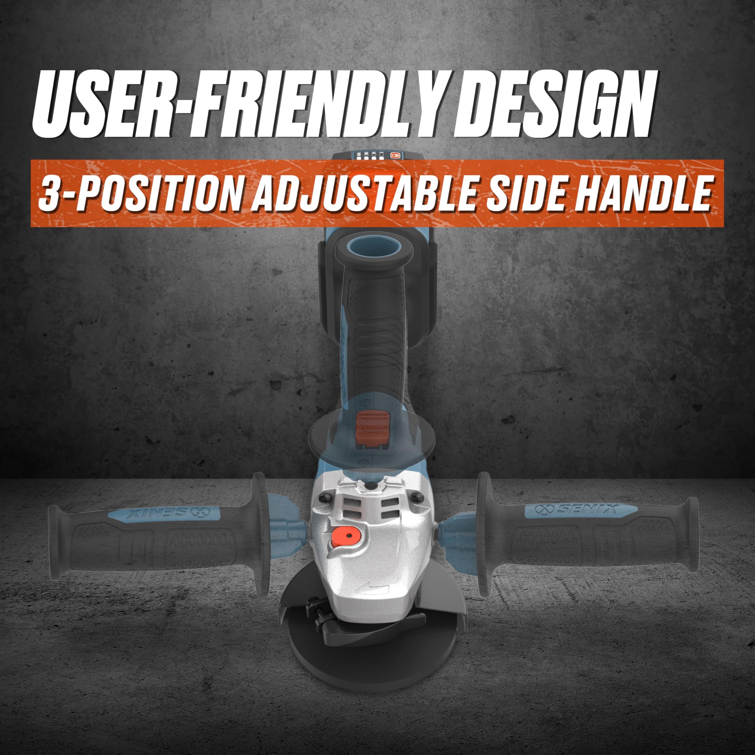 SENIX PAX2125-M2-0 X2 20 Volt Max* 5-Inch Brushless Angle Grinder Tool, 8500 RPM Max, 3-Position Auxiliary Handle, Spring-Loaded Safety Slide Switch, Tool Only, Battery Not Included