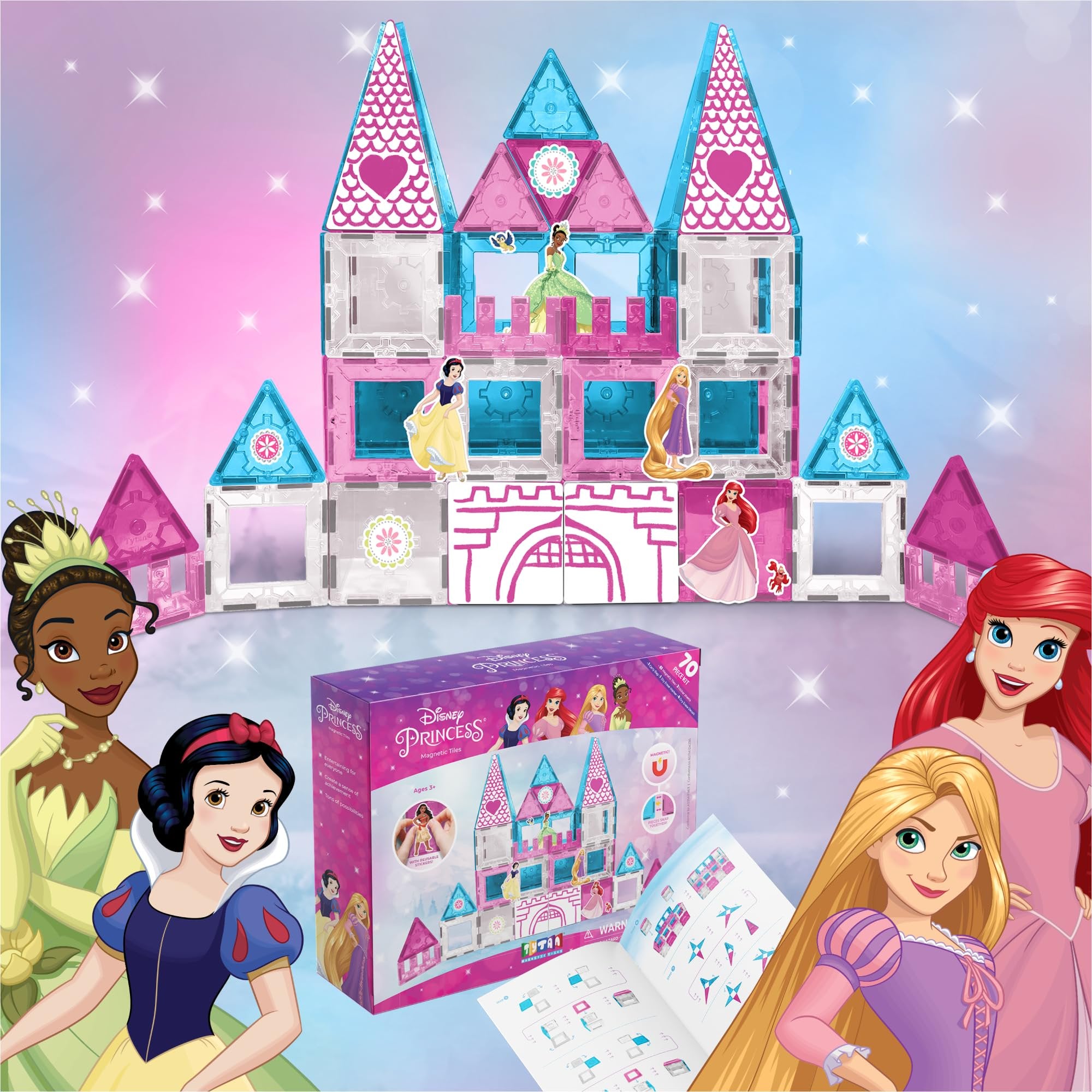 Tytan Official Disney Princess Magnetic Tile Castle – 70-Piece STEAM Toy with Vibrant Tiles, Reusable Disney Princess Stickers, Dry-Erase Decals, Marker, Carry Bag, & More!