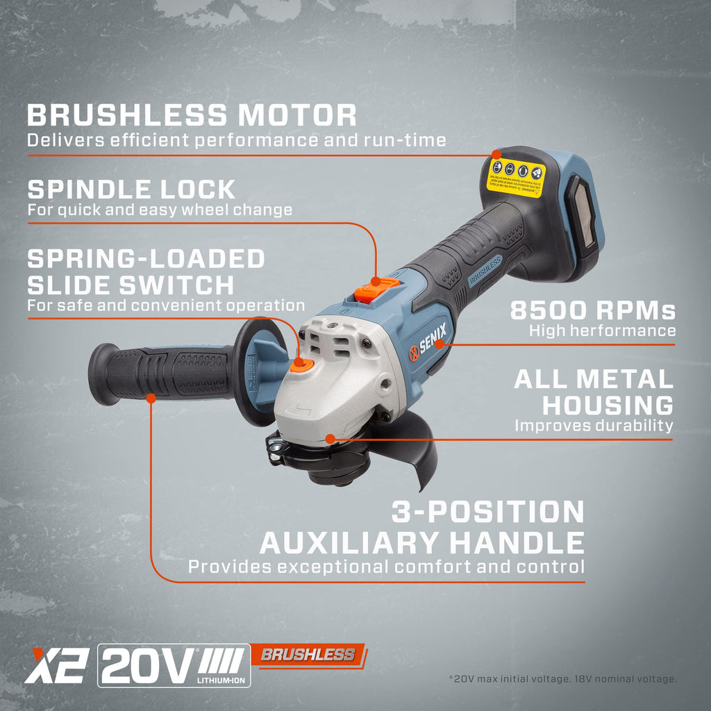 SENIX PAX2115-M2-0 X2 20 Volt Max* 4-1/2-Inch Brushless Angle Grinder Tool, 8500 RPM Max, 3-Position Auxiliary Handle, Spring-Loaded Safety Slide Switch, Tool Only, Battery Not Included