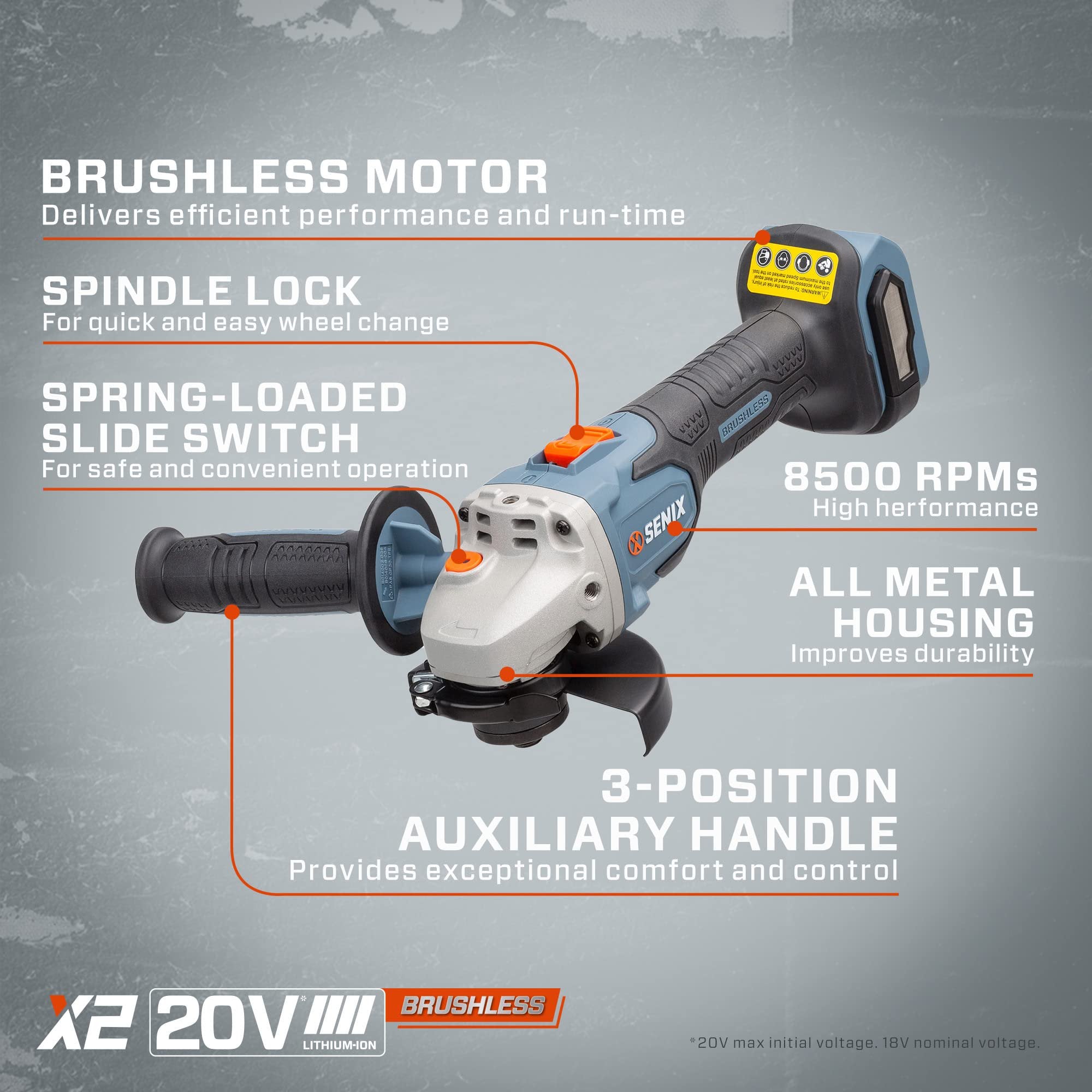 SENIX PAX2115-M2-0 X2 20 Volt Max* 4-1/2-Inch Brushless Angle Grinder Tool, 8500 RPM Max, 3-Position Auxiliary Handle, Spring-Loaded Safety Slide Switch, Tool Only, Battery Not Included