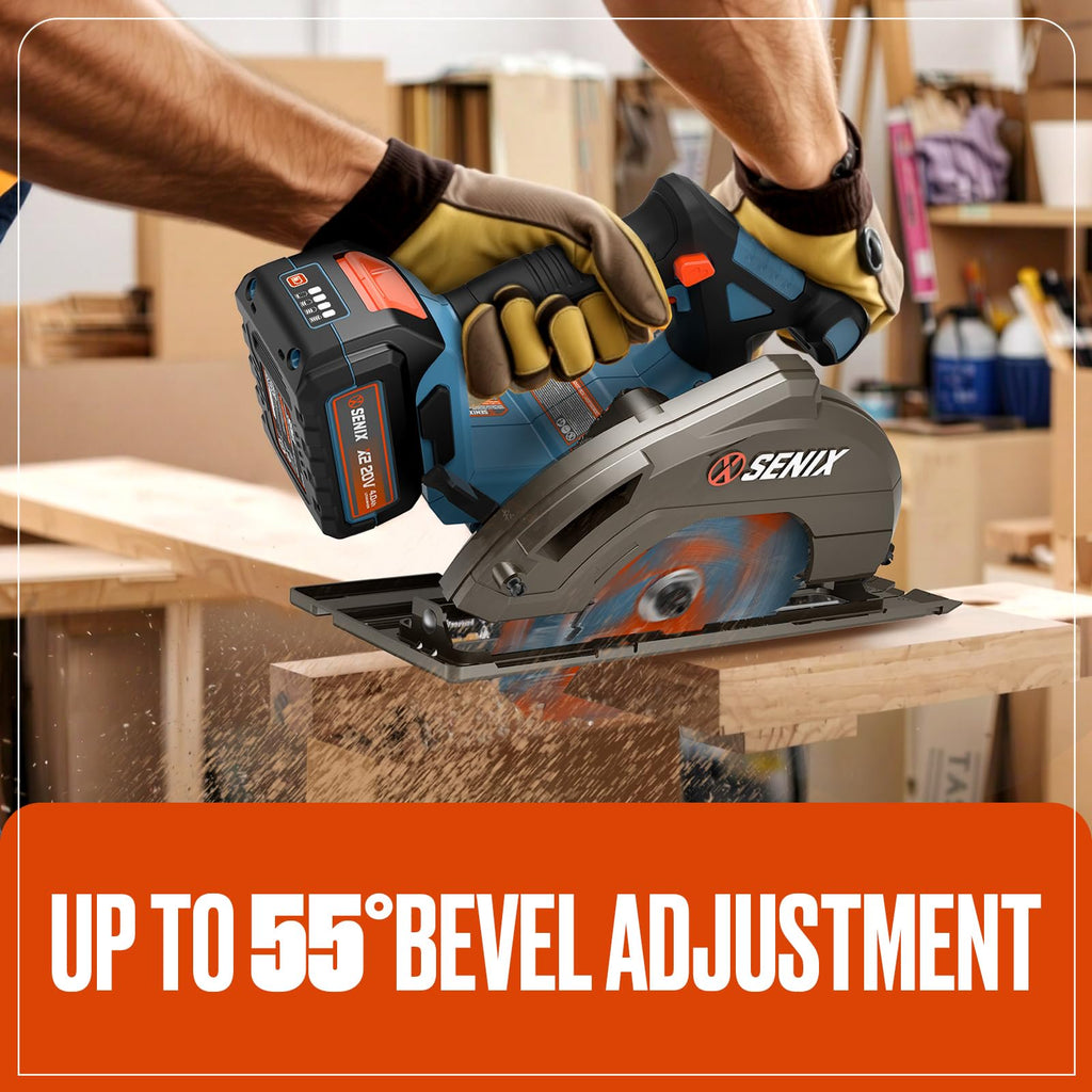 SENIX 20V Max 7-1/4" Circular Saw for Wood Cutting | Cordless Circular Saw with 4.0Ah Battery & Charger | 4200RPM Brushless Motor, LED Light, 55° Bevel | Storage Bag Included (PSCX2-M3)