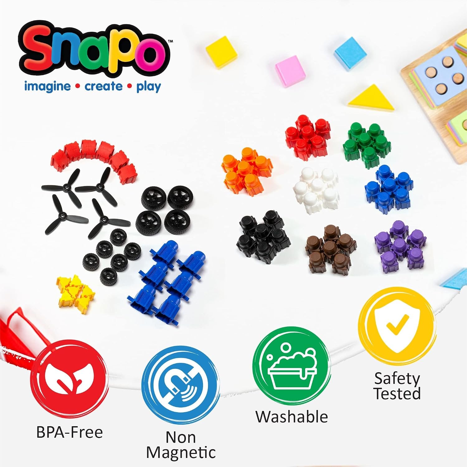 Snapo Jr. Advanced Builder's Kit - 80 pcs - Colorful Blocks & Wheels, Connect On All 6 Sides, 3D Building Toy, Snap-Slide-Rotate, Toddlers Kids 18mo+