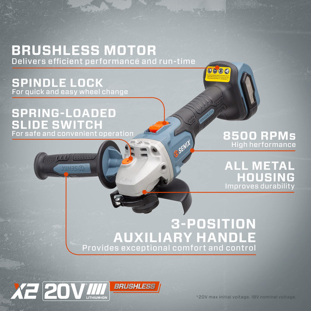 SENIX PAX2125-M2-0 X2 20 Volt Max* 5-Inch Brushless Angle Grinder Tool, 8500 RPM Max, 3-Position Auxiliary Handle, Spring-Loaded Safety Slide Switch, Tool Only, Battery Not Included