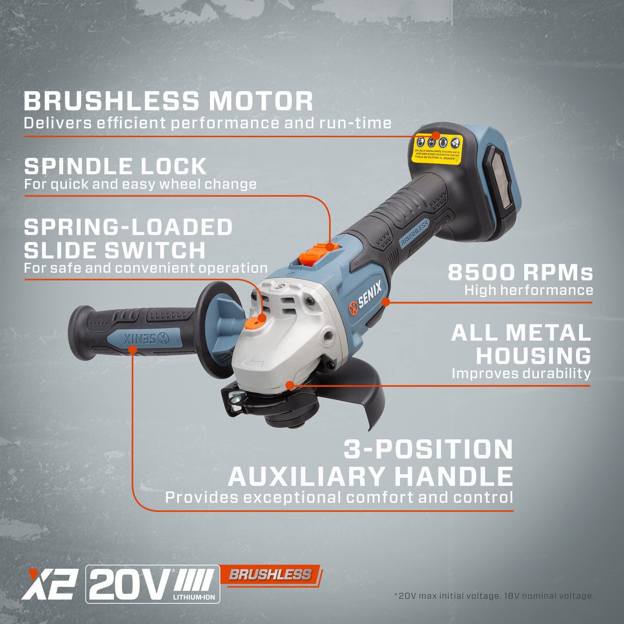 SENIX PAX2125-M2-0 X2 20 Volt Max* 5-Inch Brushless Angle Grinder Tool, 8500 RPM Max, 3-Position Auxiliary Handle, Spring-Loaded Safety Slide Switch, Tool Only, Battery Not Included