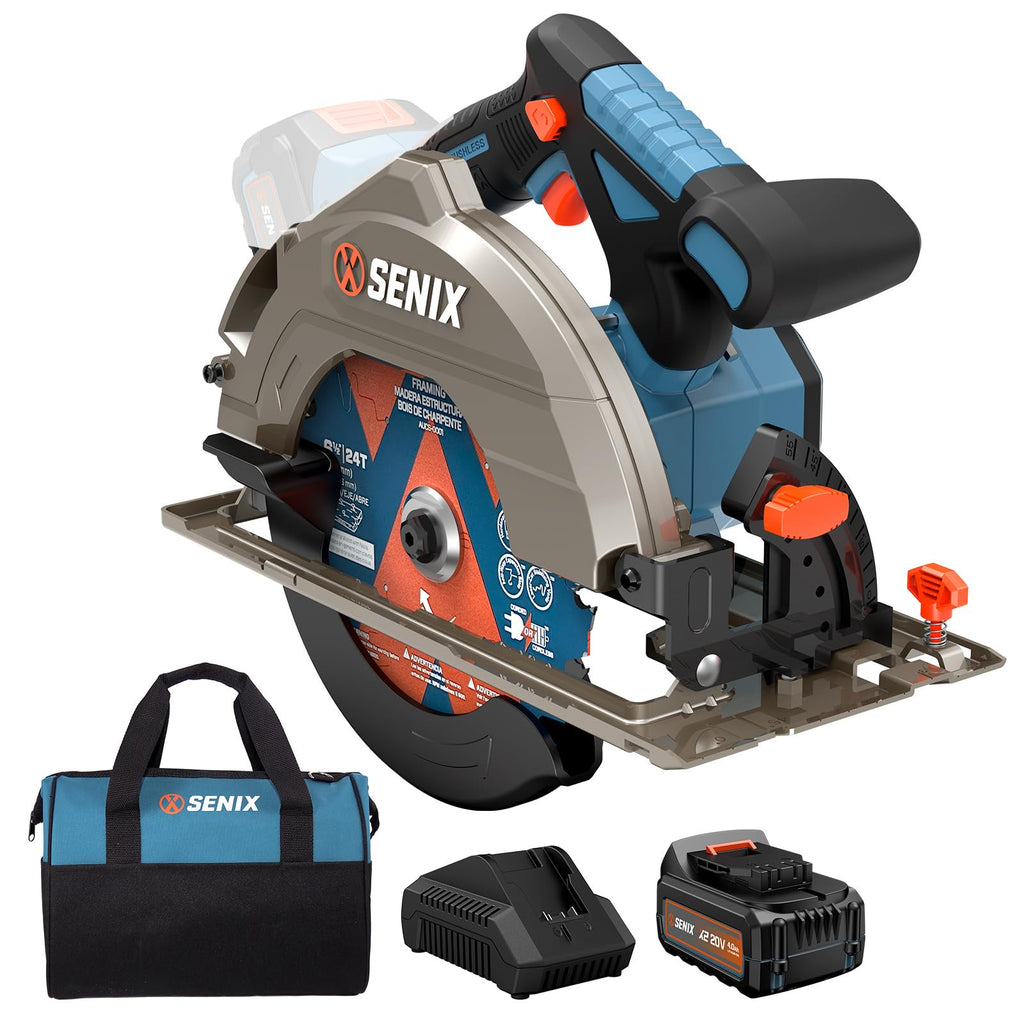 SENIX 20V Max 7-1/4" Circular Saw for Wood Cutting | Cordless Circular Saw with 4.0Ah Battery & Charger | 4200RPM Brushless Motor, LED Light, 55° Bevel | Storage Bag Included (PSCX2-M3)